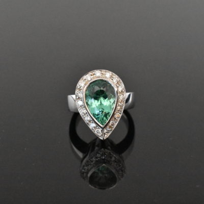 18K White Gold GIA Certified Green Tourmaline & Diamond Ring | Lorraine Fine Jewelry